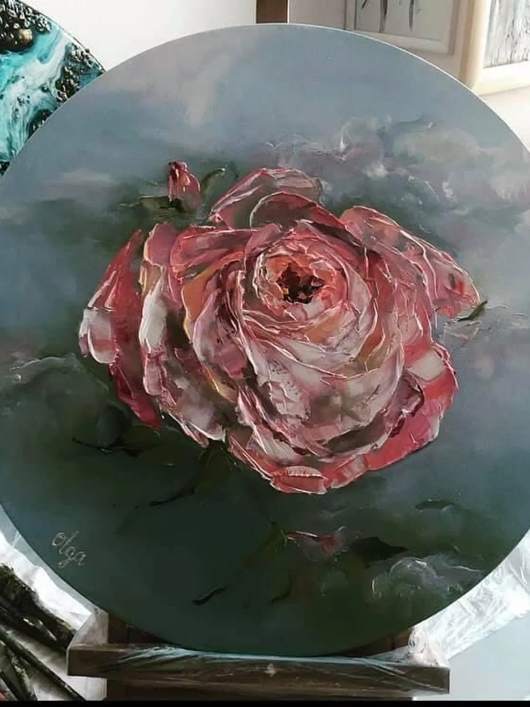 Large pink white and red Rose in oil on a round canvas using impasto ...