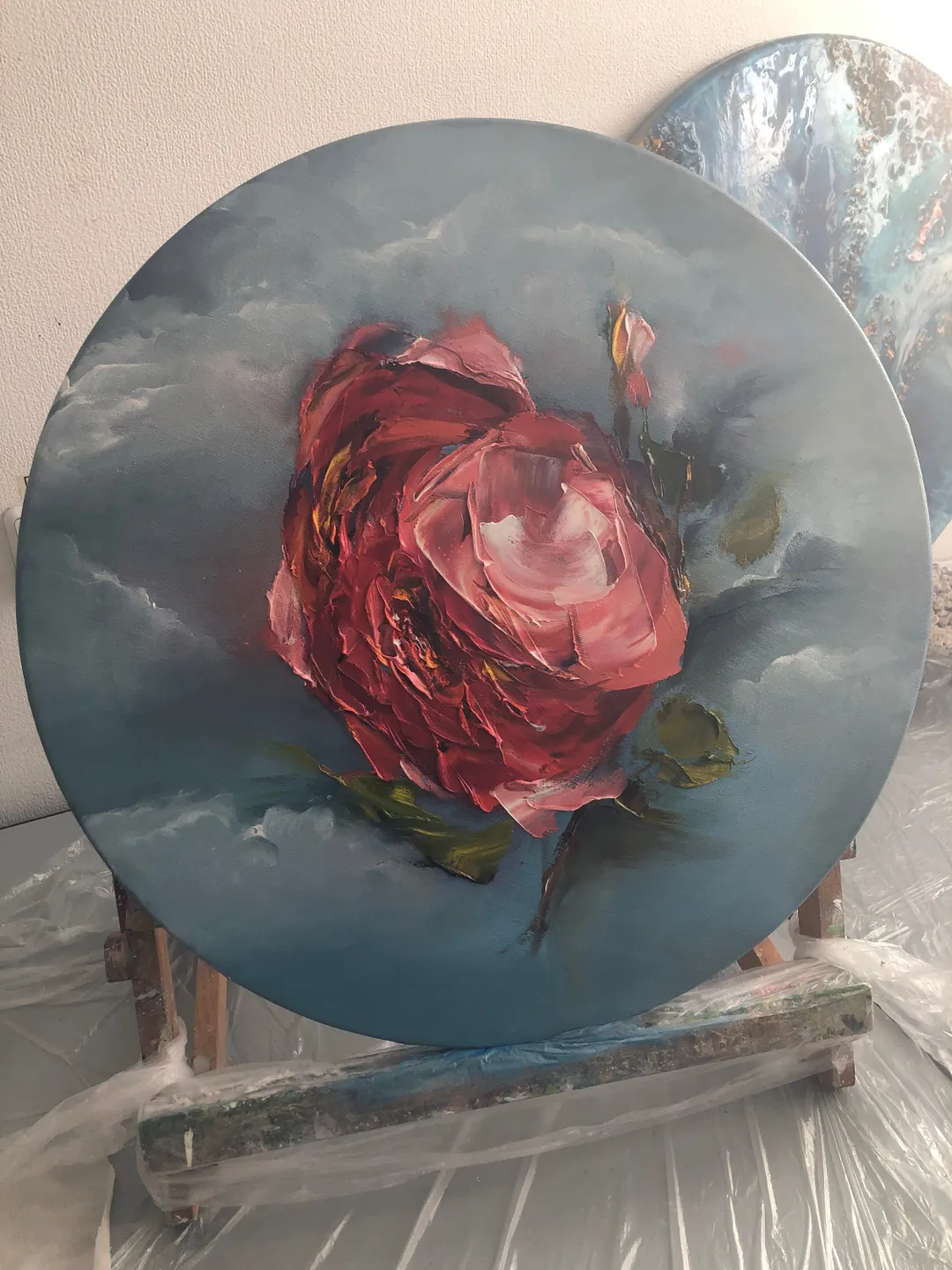Large pink white and red Rose in oil on a round canvas using impasto ...