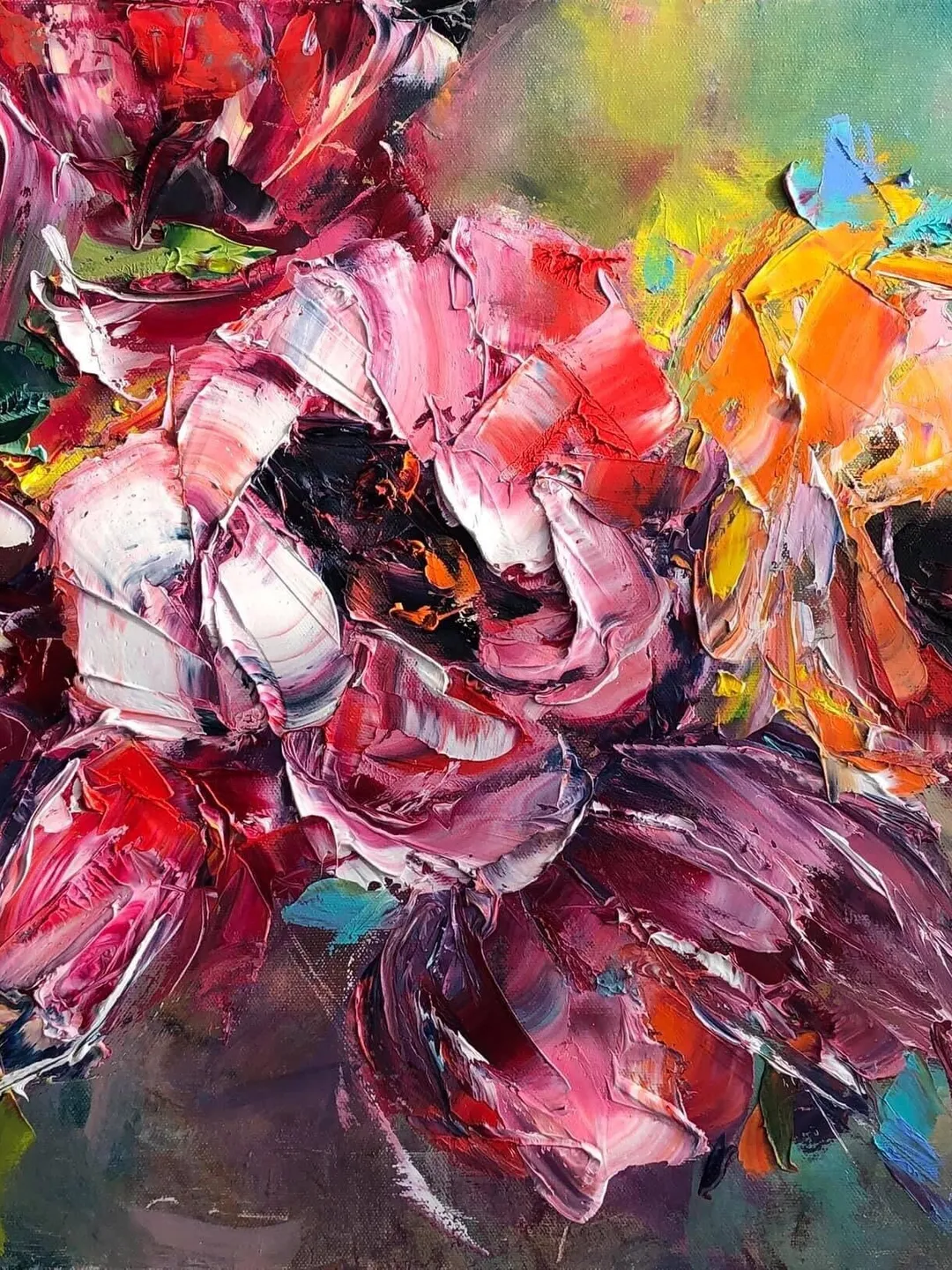 Bright multicolored flower author’s oil painting on canvas