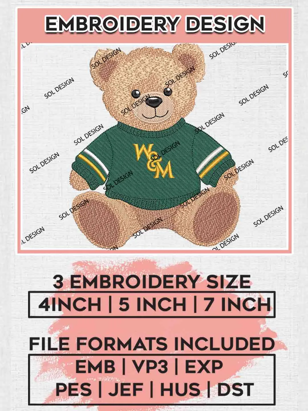 William Mary Tribe Teddy Bear Embroidery Design, Football Embroidery files, Sport Machine embroidery files, 3 sizes, Instant Download