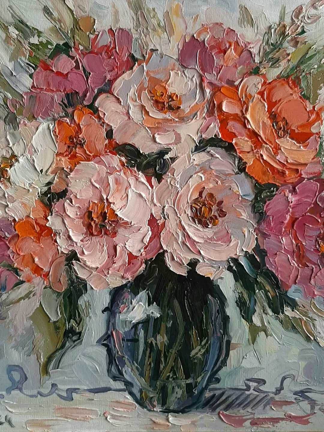 Flower oil painting Original art Pink flowers in vaze