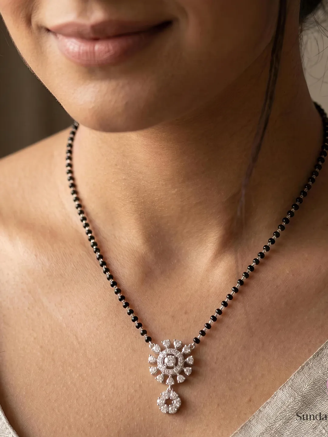 Sunburst Diamond Mangalsutra Necklace, Moissanite / Lab Grown Diamond Mangalsutra, 925 Sterling Silver Mangalsutra, Minimal Bridal Gift