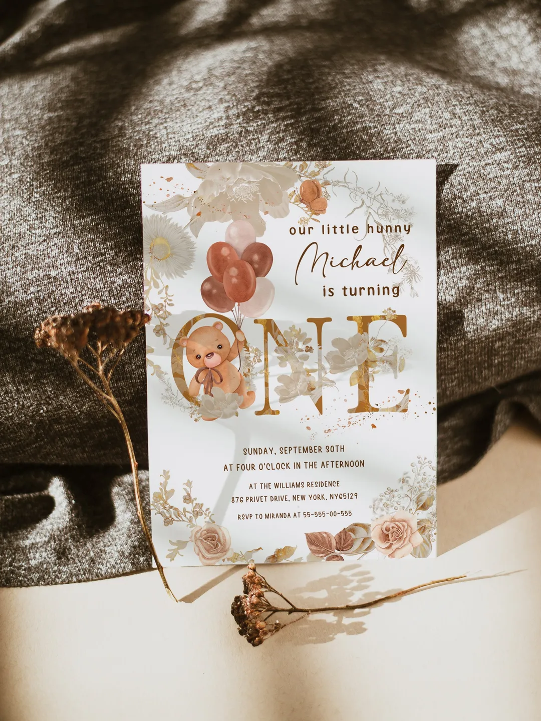 Bear Balloons Baby Birthday Invitation First Birthday cutie  bearly invitation template; bear with balloons 1st birthday invitation