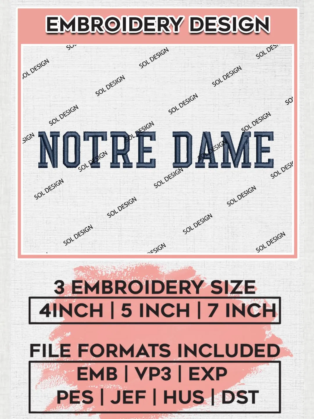 NCAA Notre Dame Team Wordmark Logo Embroidery Design Files, NCAA Notre Dame Fighting Irish Machine Embroidery, NCAA Teams, 3 sizes, NCAA Machine embroidery designs, Digital Download