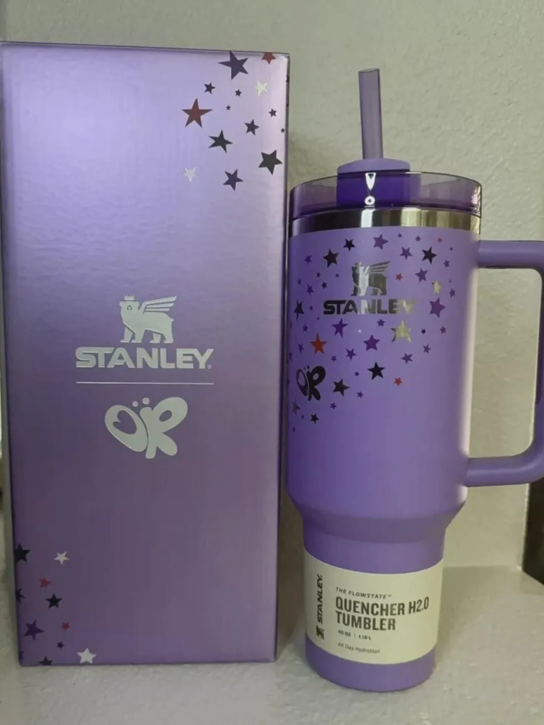 Stanley Quencher H2.0 40oz Tumbler – Purple Stars Butterfly Design