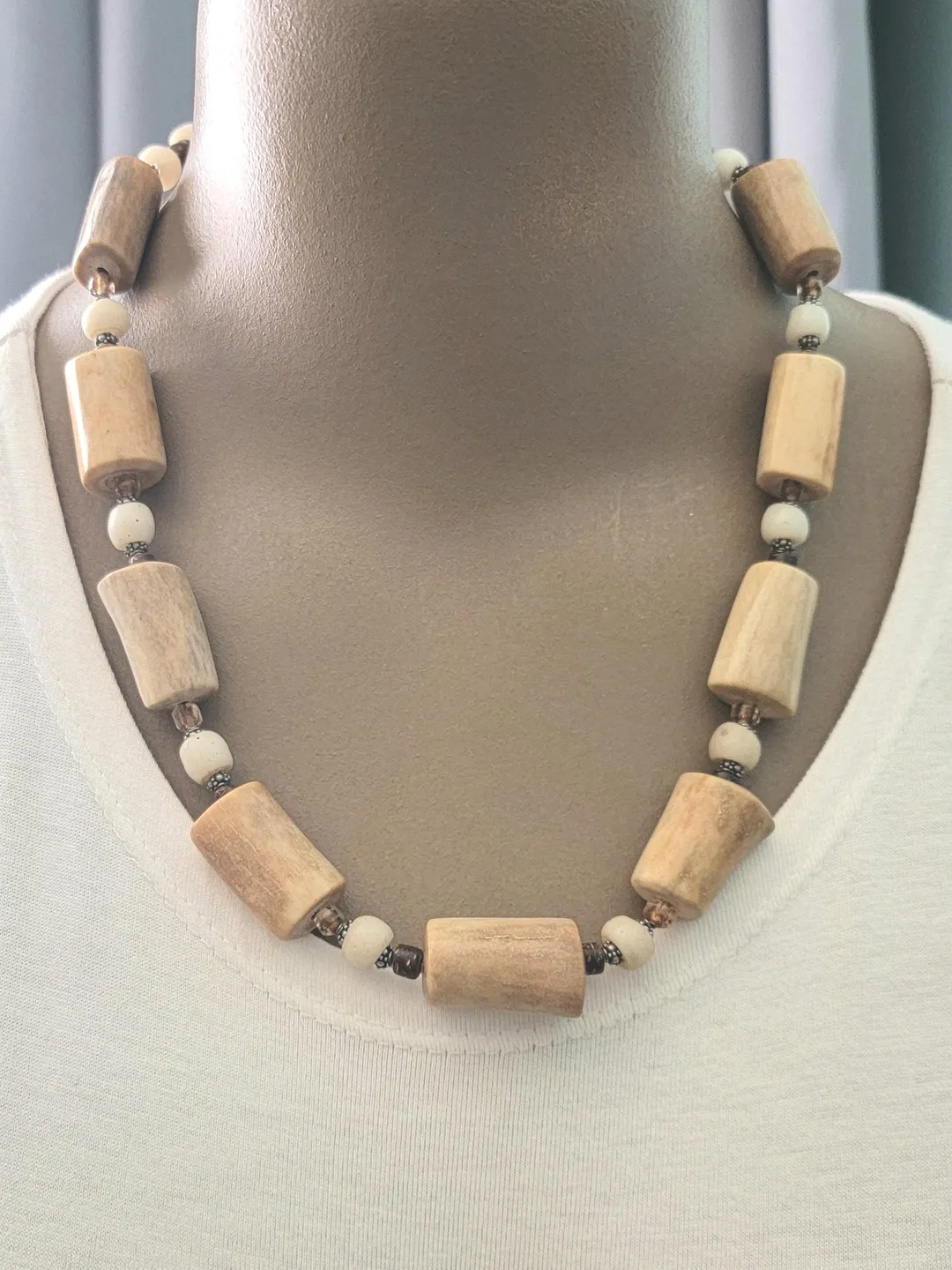 Elk Antler Trade Bead Necklace, 925 Sterling Silver Handmade Western Beaded Statement, Original Adjustable Designer Necklace, Elk Jewelry