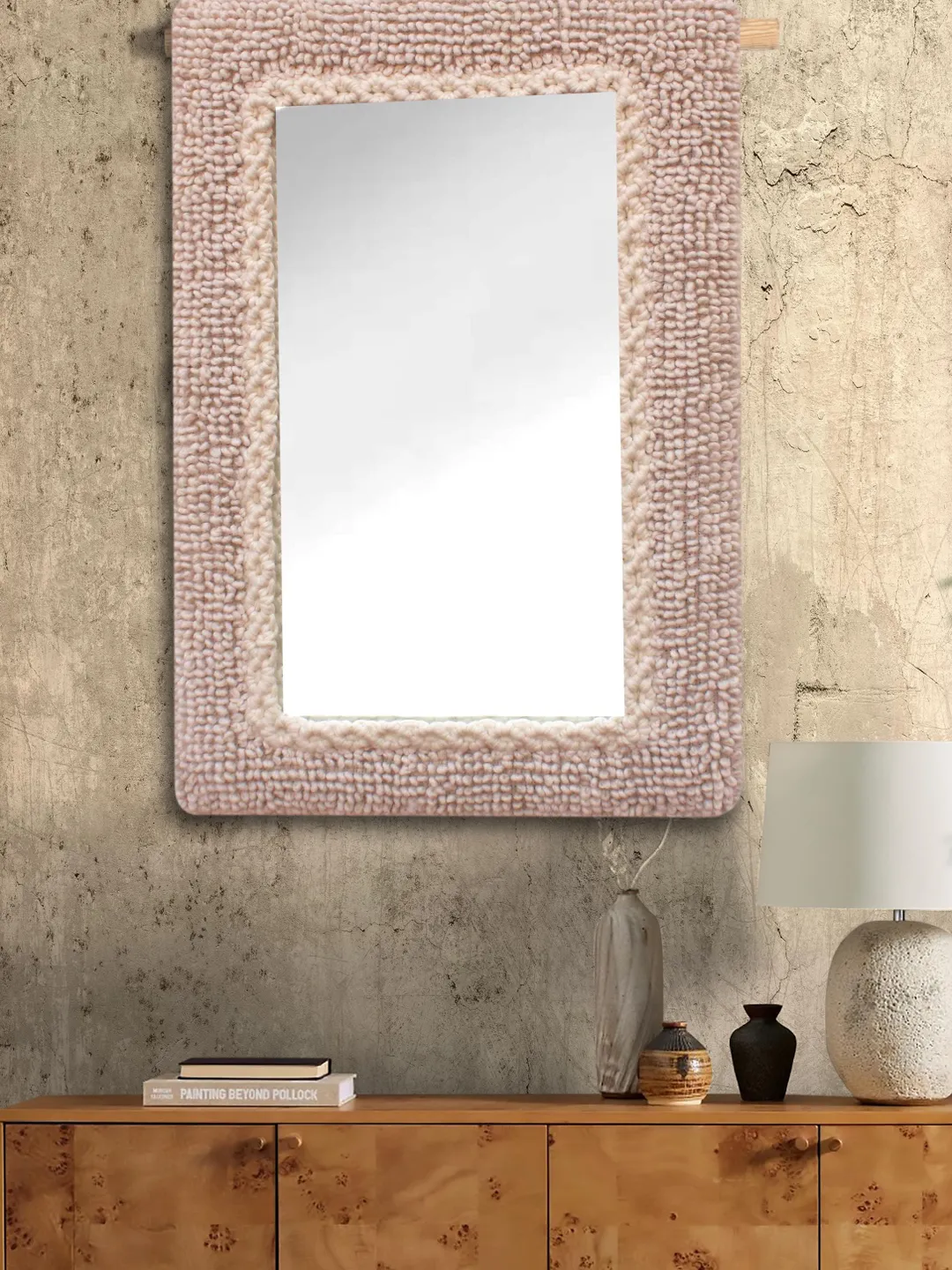 Ivory Handwoven Wool Mirror: Rustic Boho Farmhouse Decor