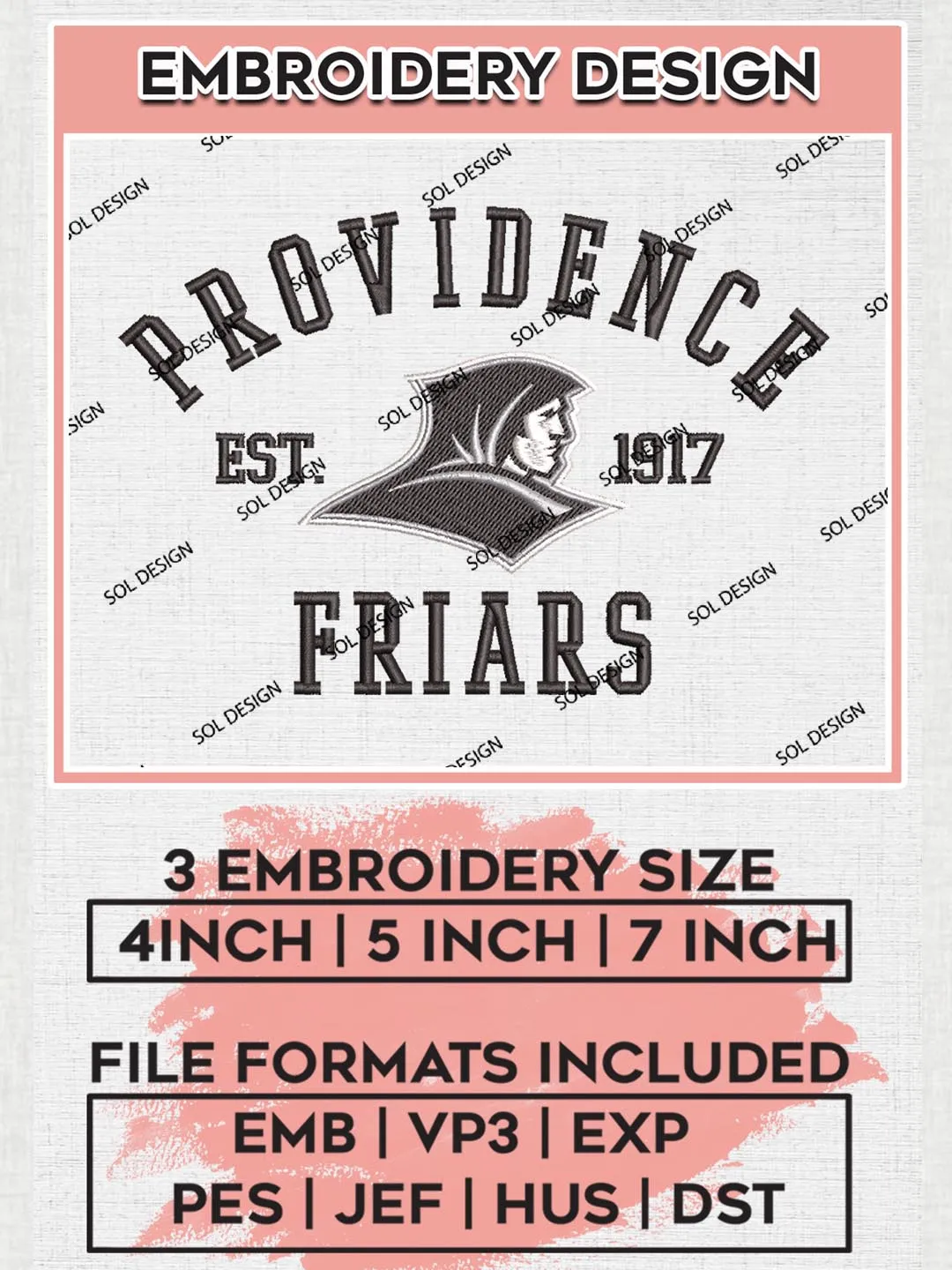 Providence Friars Est 1917 Logo Embroidery Designs, NCAA Providence Friars Team Embroidery, NCAA Team Logo, 3 sizes, Machine embroidery Files, Digital Download