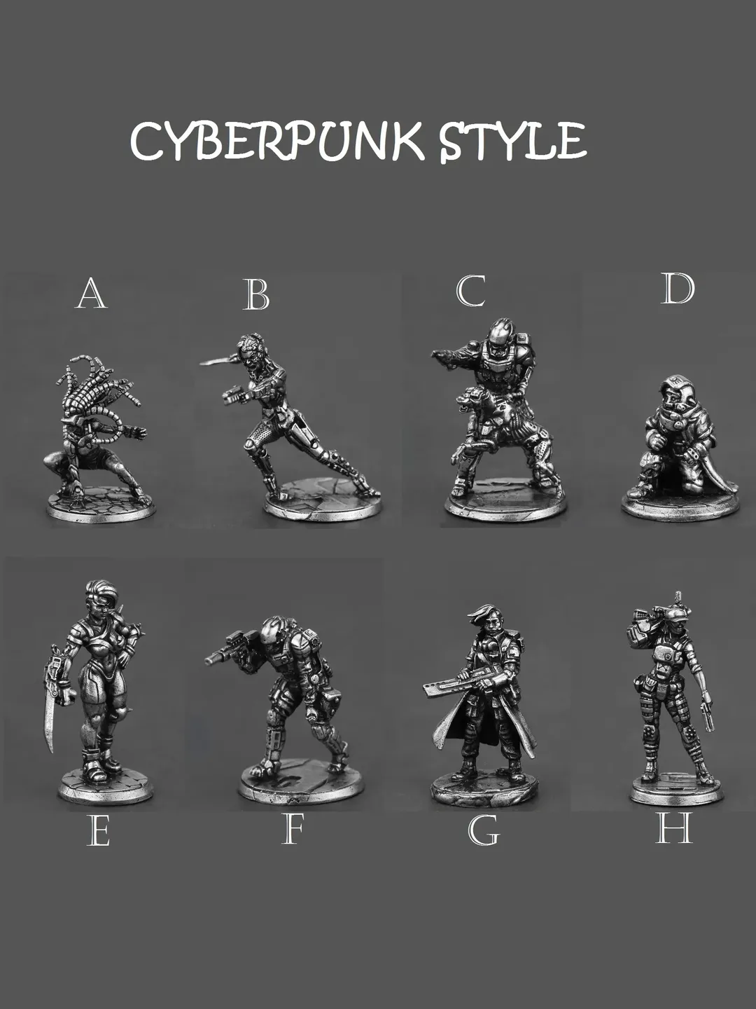 Cyberpunk Style warriors, tabletop wargaming fantasy miniature figures, metal toy soldiers.