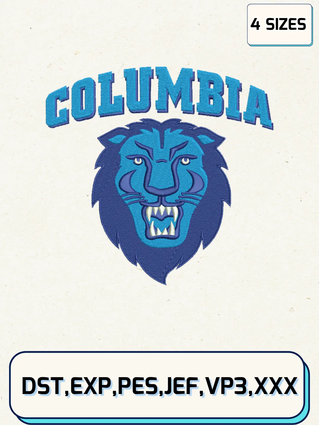 Columbia Lions Logos Embroidery Design Files, NCAA Logos Embroidery Designs, Machine Embroidery Files, 4 Sizes