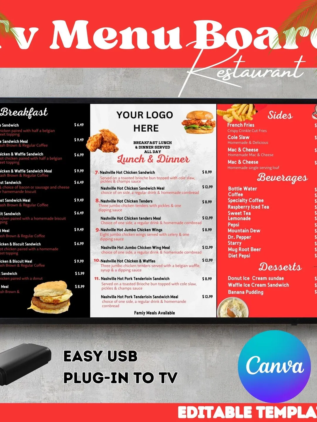 Restaurant TV Menu Board Template: Minimalist Design, Editable Canva ...