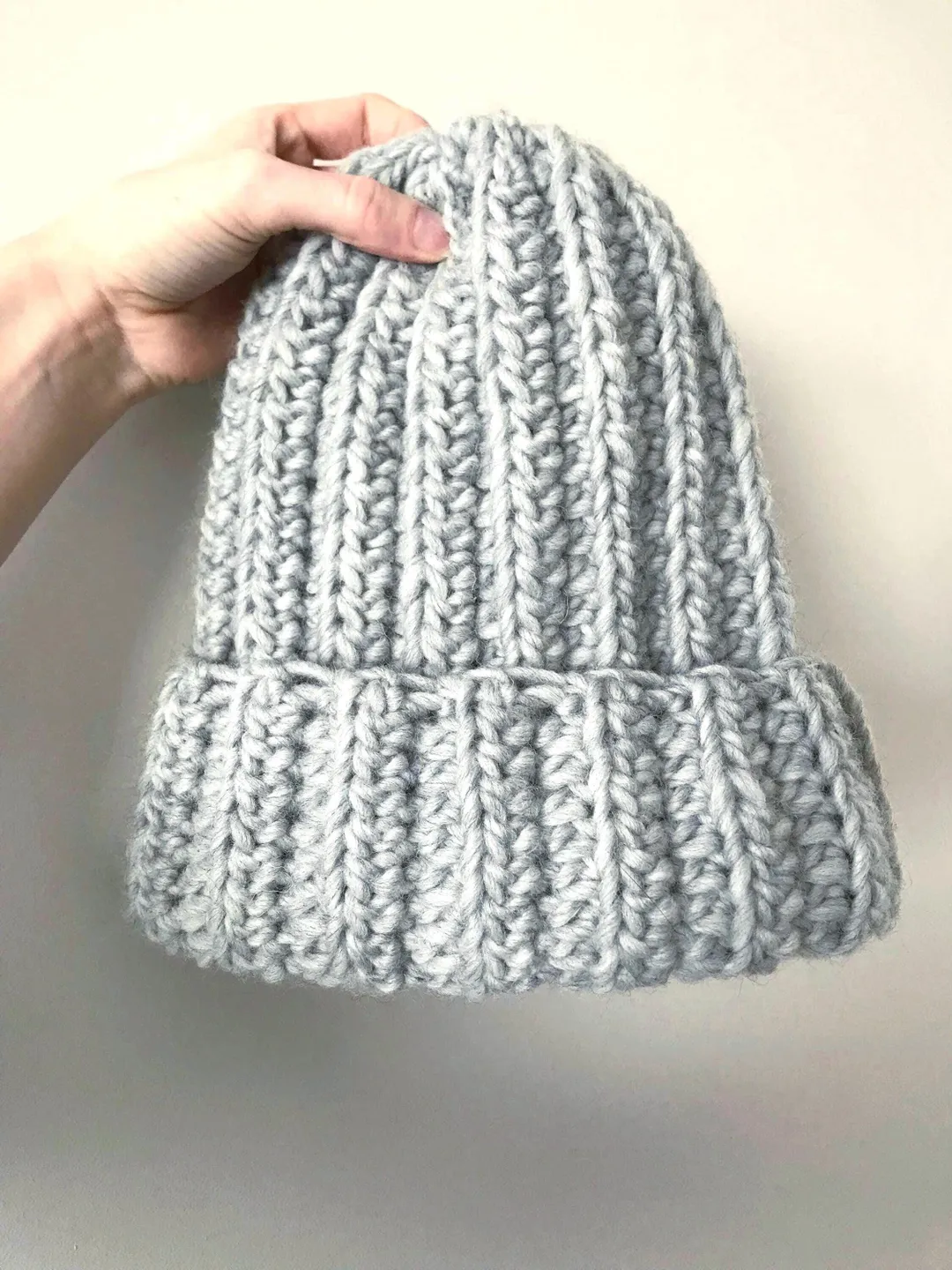 Warm Crochet Chunky Beanie - Plushy Cozy Winter Hat - Thick Folded Brim - Soft 100% Wool Stocking Cap - Unisex Trendy Grey or Custom Color