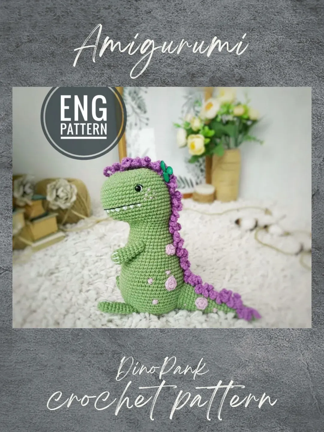Dinosaur crochet pattern PDF. Amigurumi dinosaur tirex pattern. Easy cute original crochet dino pattern. Amigurumi purple dragon