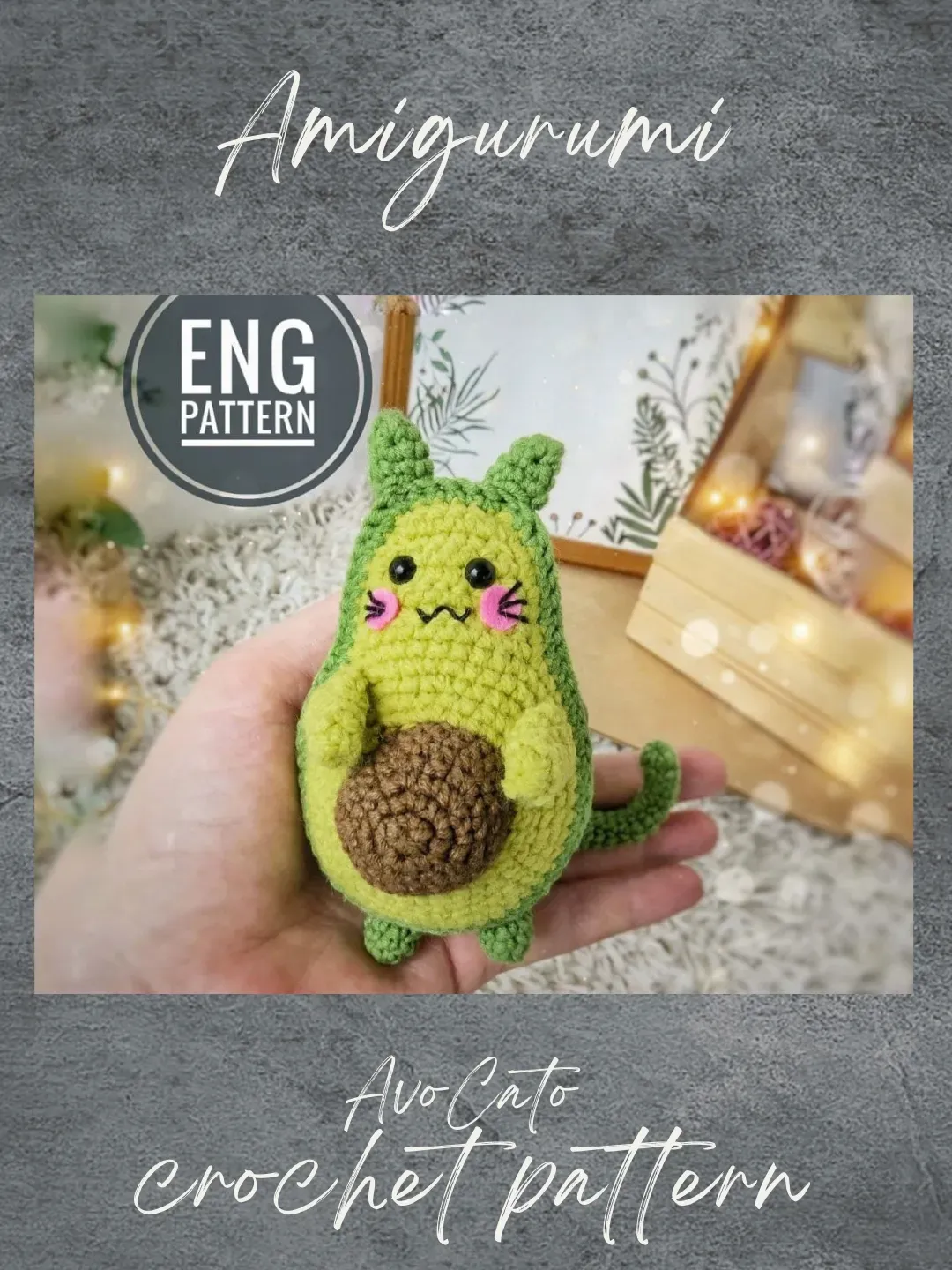 Avocado crochet pattern. Amigurumi avocat pattern. Crochet green avocado pattern. Kawaii crochet cat pattern