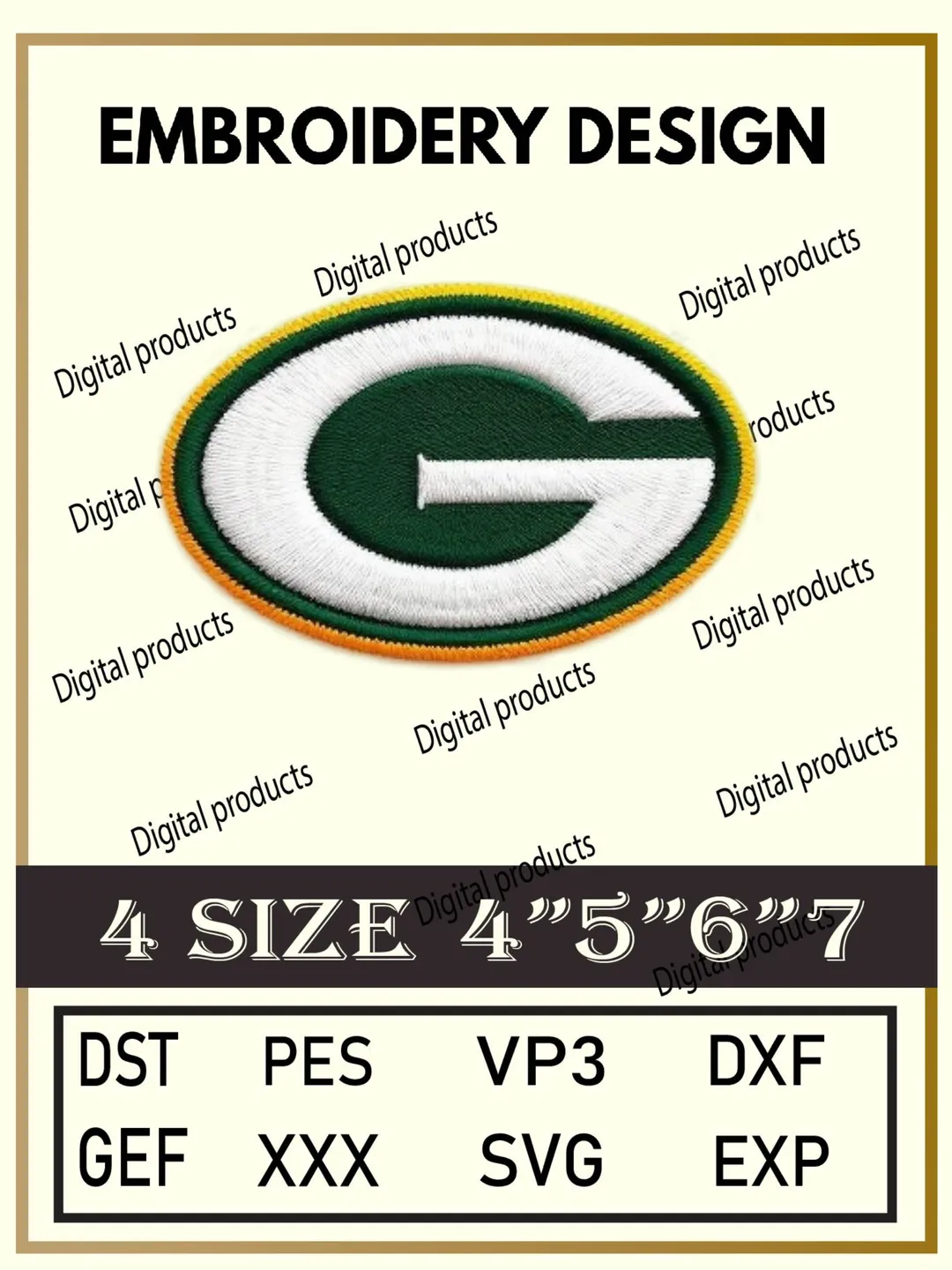 Green Bay Packers Embroidery Design Digital Logo Pattern with Stylized G Oval for Machine Embroidery Projects in Four Sizes with Multiple Compatible Formats Including DST, PES, VP3, DXF, GEF, XXX, SVG, EXP Download