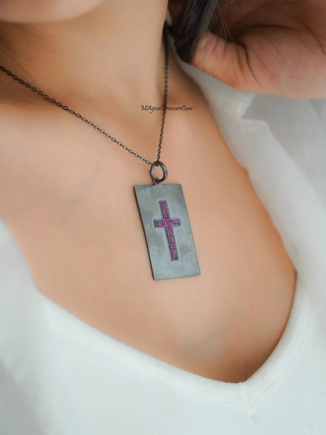 Nano Pink Tourmaline Pendant, 925 Silver Cross Necklace, Dainty Style Jewelry, Valentine Gift, For Women, Spiritual Necklace
