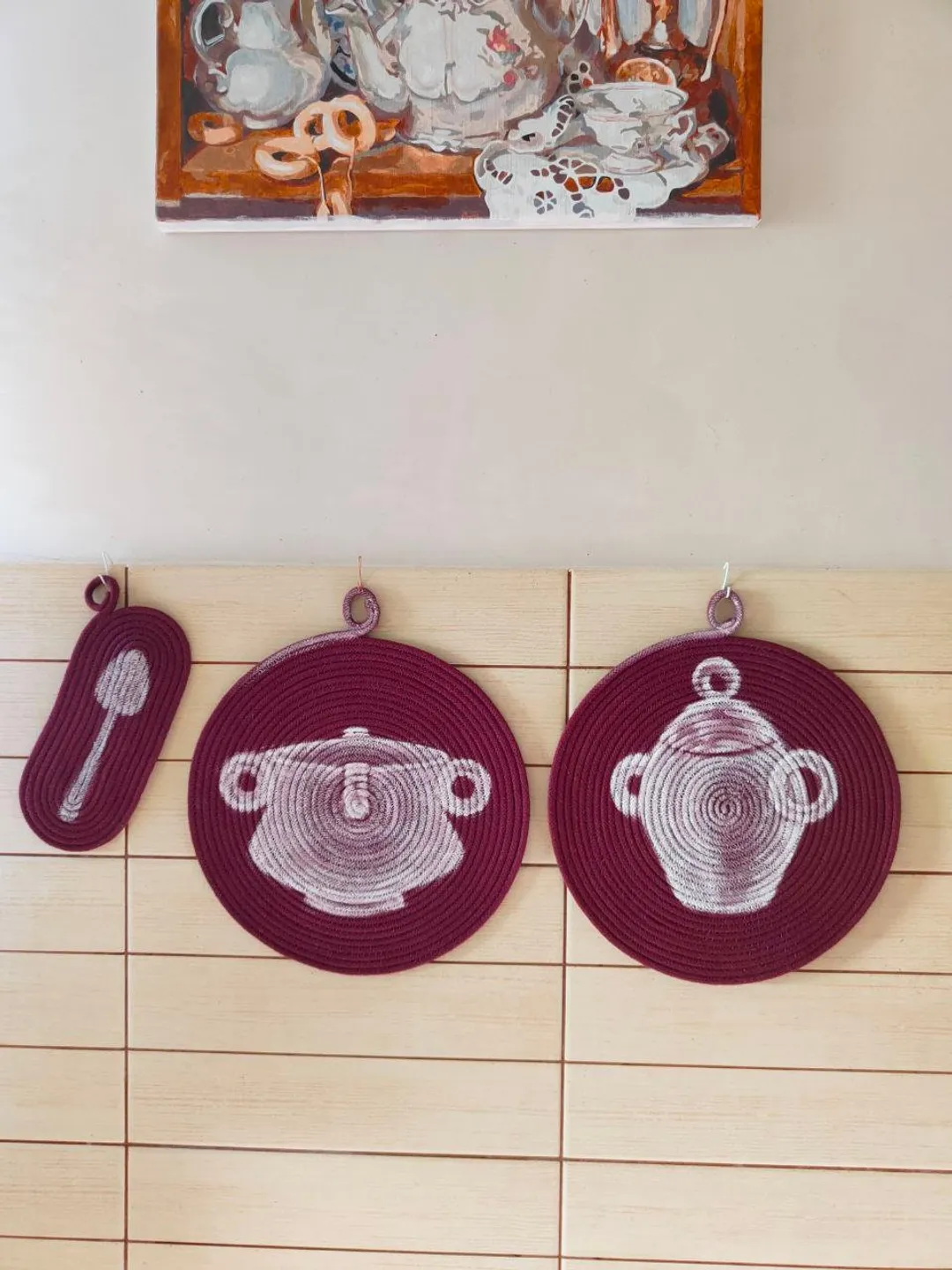 porcelain wall art,set of 3,macrame wall hanging,quilted amphora,burgundy decor,burgundy napkin,coaster,sorority wall art,cloth placemat set