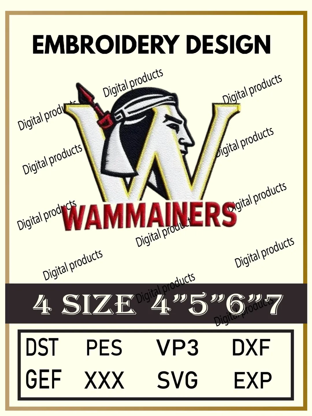 Washington Commanders Embroidery Design Digital Logo Pattern with Bold W and Stylized Profile Headpiece for Machine Embroidery Projects in Four Sizes with Multiple Compatible Formats Including DST, PES, VP3, DXF, GEF, XXX, SVG, EXP Download