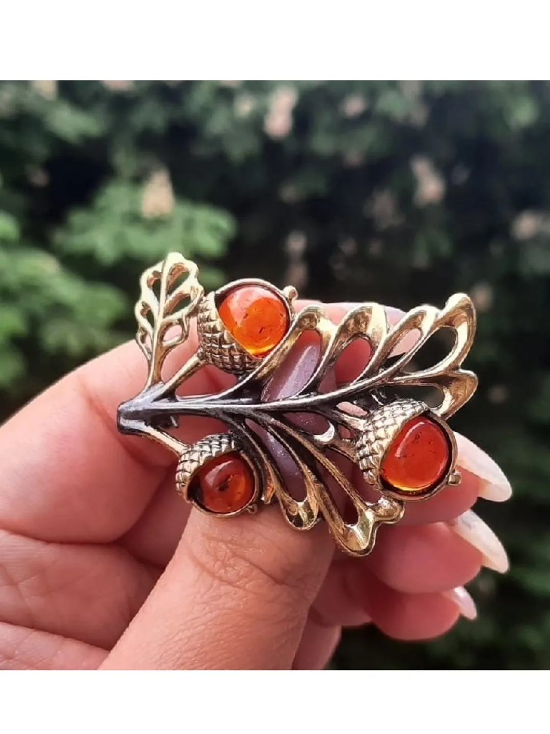 Acorns oak leaf Brooch Autumn jewelry Gold Brass with Amber, Orange brooch Forest Nature loves gift for her women