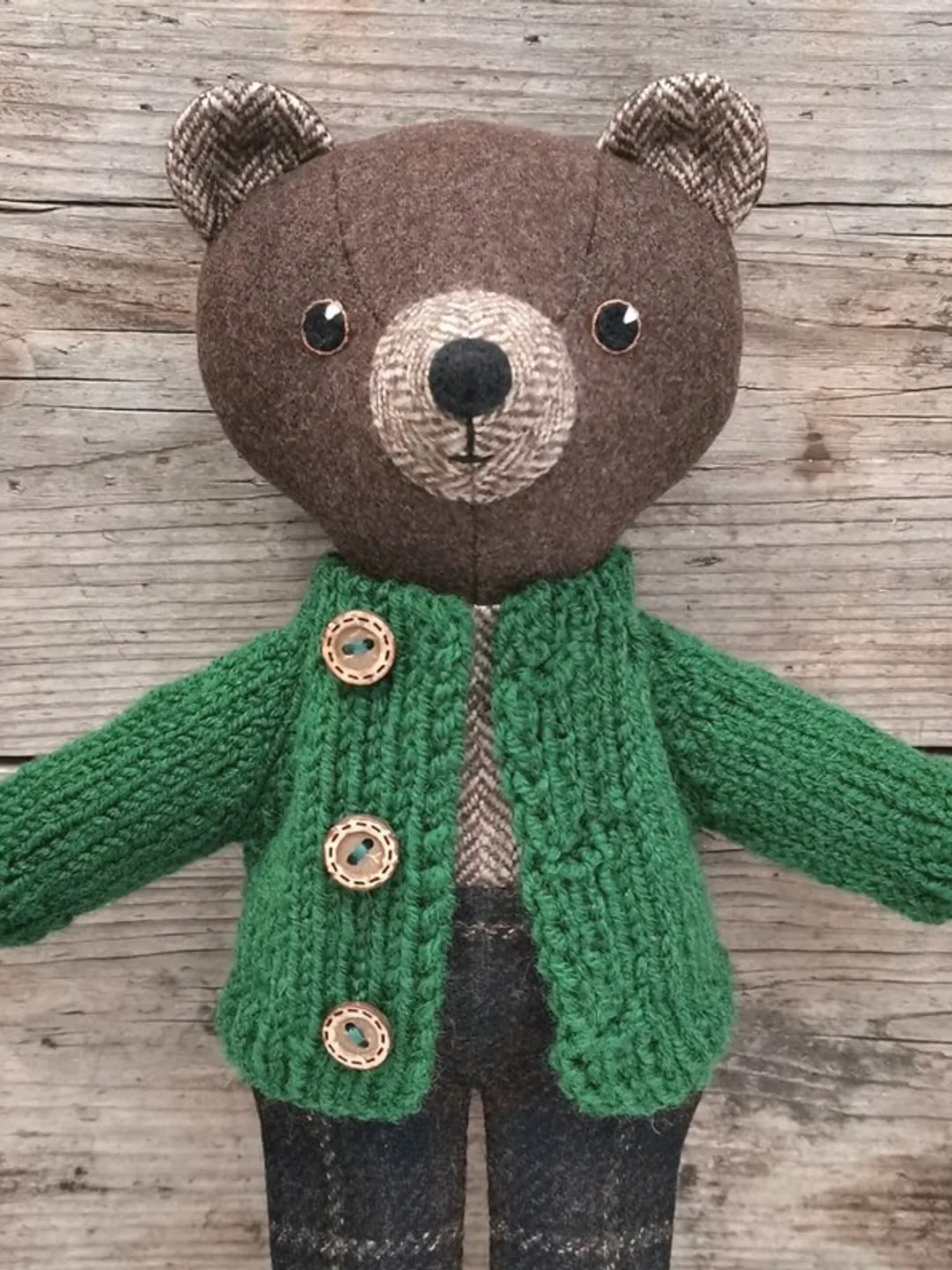 Brown bear boy, wool handmade plush doll, stuffed teddy bear toy