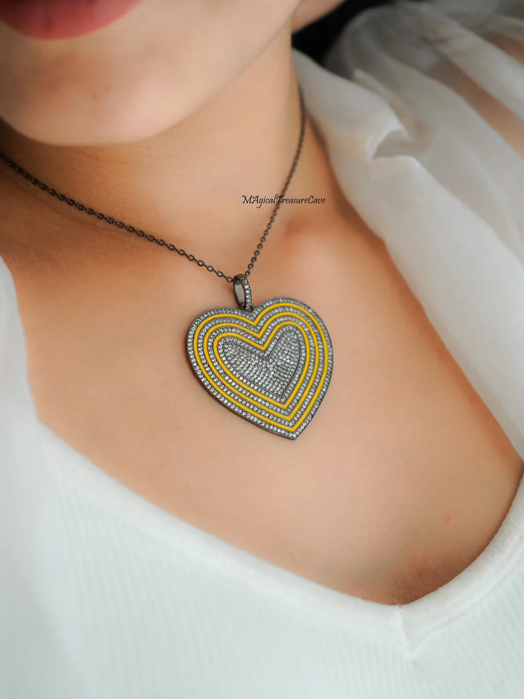 CZ Diamond Enamel Heart Pendant, Yellow Enamel Necklace, Unique Pendant, Heart Pendant Necklace, Chain Necklace, Christmas Gift