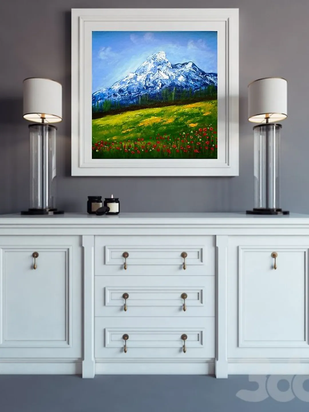 Landscape Rocky Mountains Red Poppies Flower Fields Original Oil painting