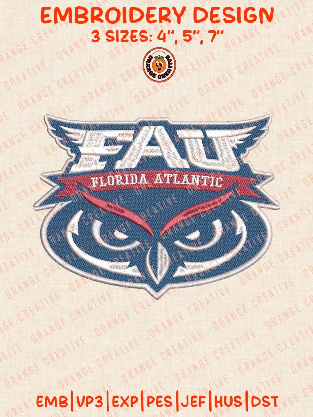 FAU Owls Logos Embroidery Design Files, NCAA Florida Atlantic Owls Logos Embroidery Designs, Machine Embroidery Files, 4 Sizes, Custom Sizes