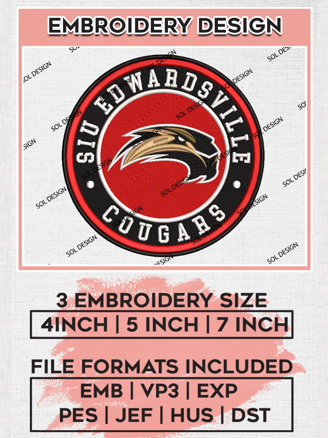 NCAA SIU Edwardsville Cougars Round Logo Embroidery, NCAA SIU Team Logo Embroidery files, NCAA Teams, Machine embroidery designs, Digital Download