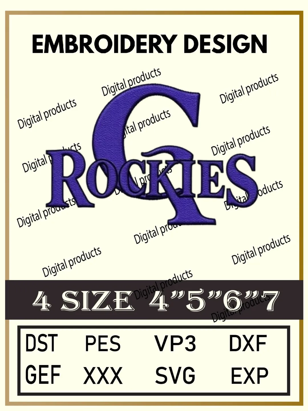 Colorado Rockies Embroidery Design Digital Logo Pattern with Purple C and Rockies Text for Machine Embroidery Projects in Four Sizes with Multiple Compatible Formats Including DST, PES, VP3, DXF, GEF, XXX, SVG, EXP