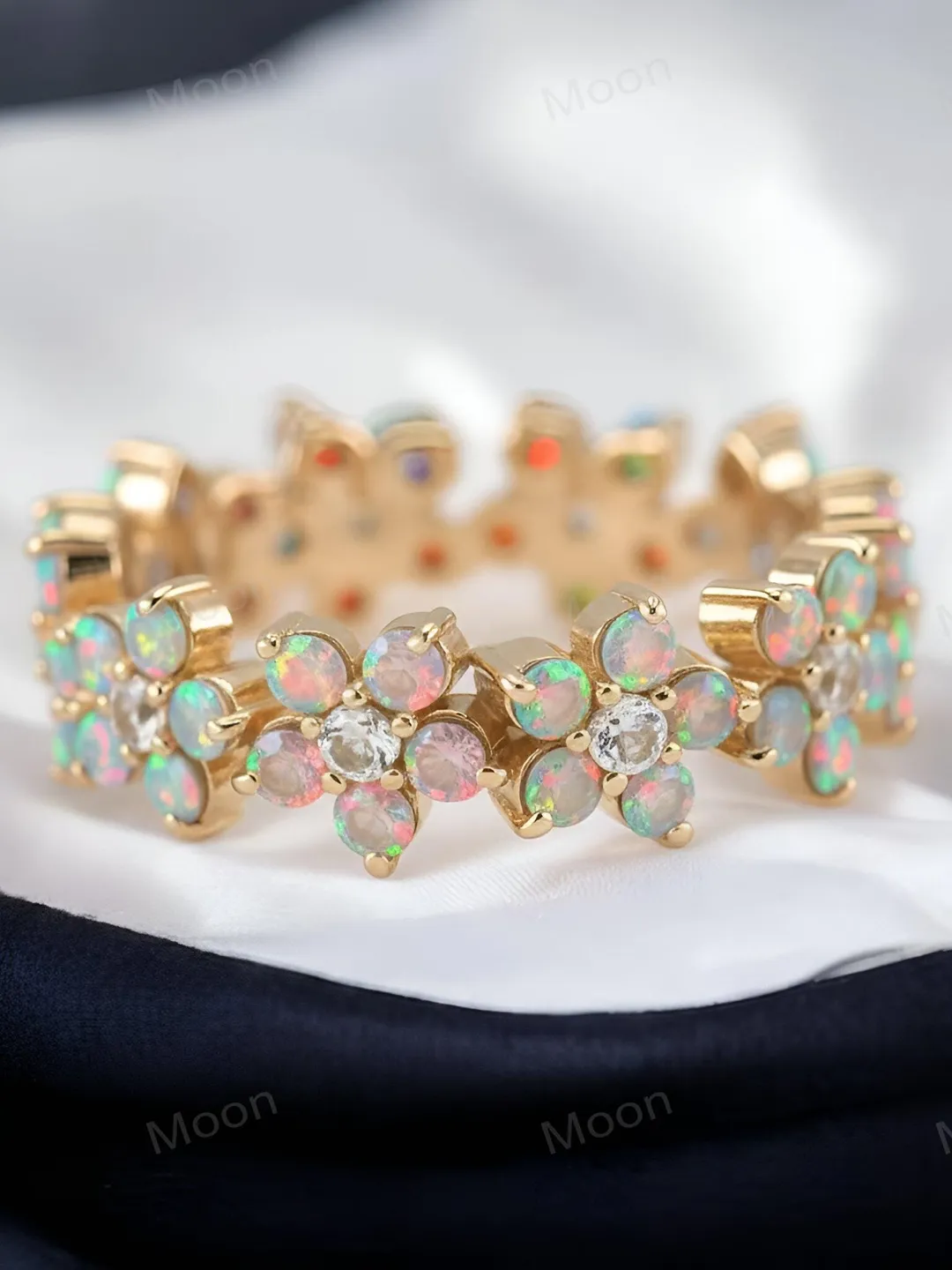 Opal Eternity Band Ring 14K Yellow Gold Floral Design Full Eternity Wedding Band Unique Stacking Ring Anniversary Jewelry Gift for Her