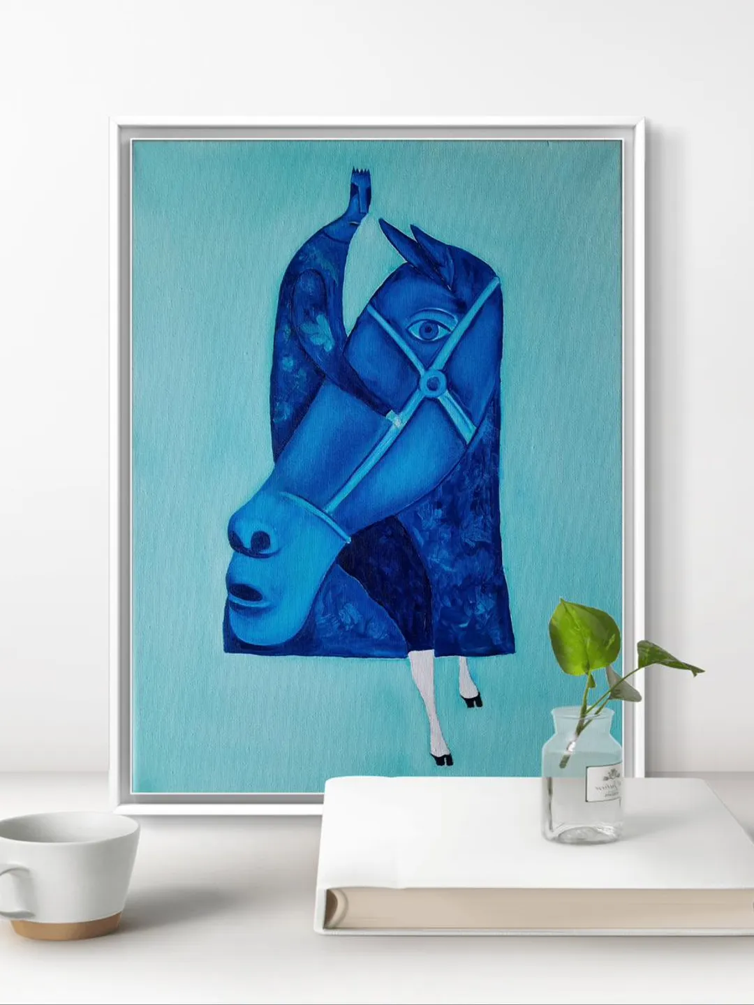 Horse Art Horse oil painting Naive art Blue horse Racing