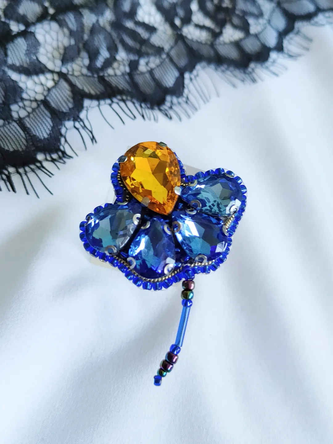 Blue flower brooch, Beaded crystal broach handmade, Floral pin, Botanical Statement Jewelry, Bead embroidery flowers brooch