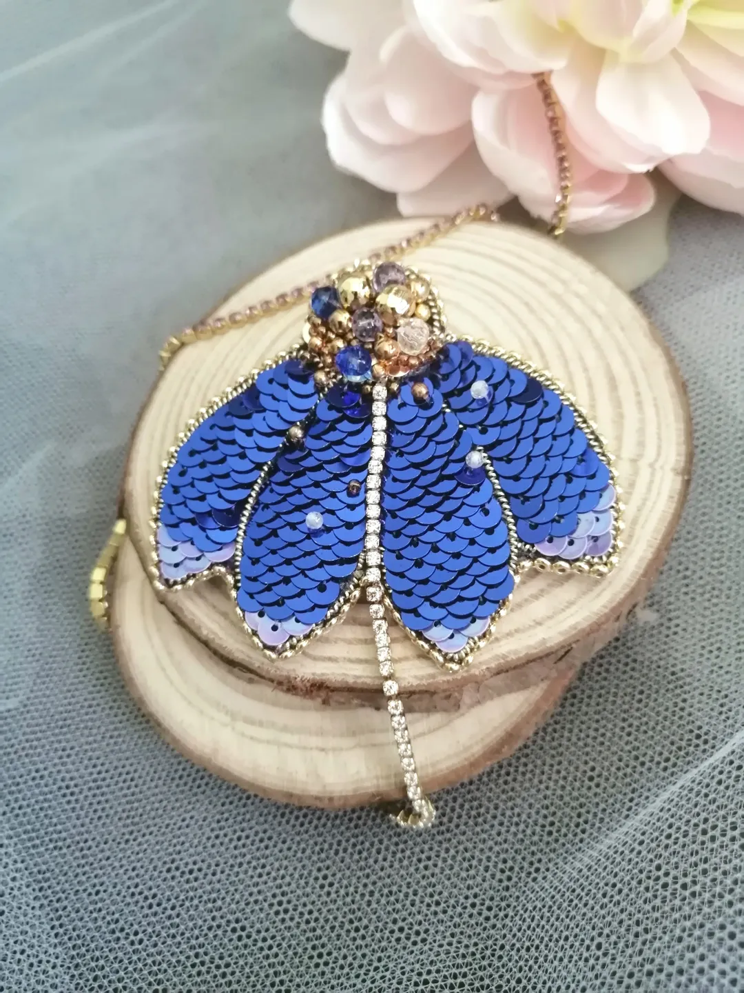 brooch blue flower  hand embroidered with sequins, blue flower bud, brooch on denim jacket  gift for girl