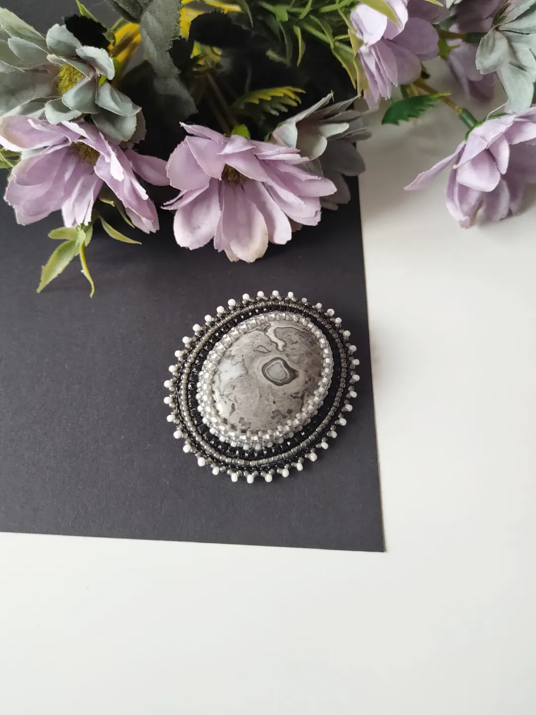 Gemstone brooch, Bead embroidered Brooch, Beadwork Brooch, Silver agate Brooch