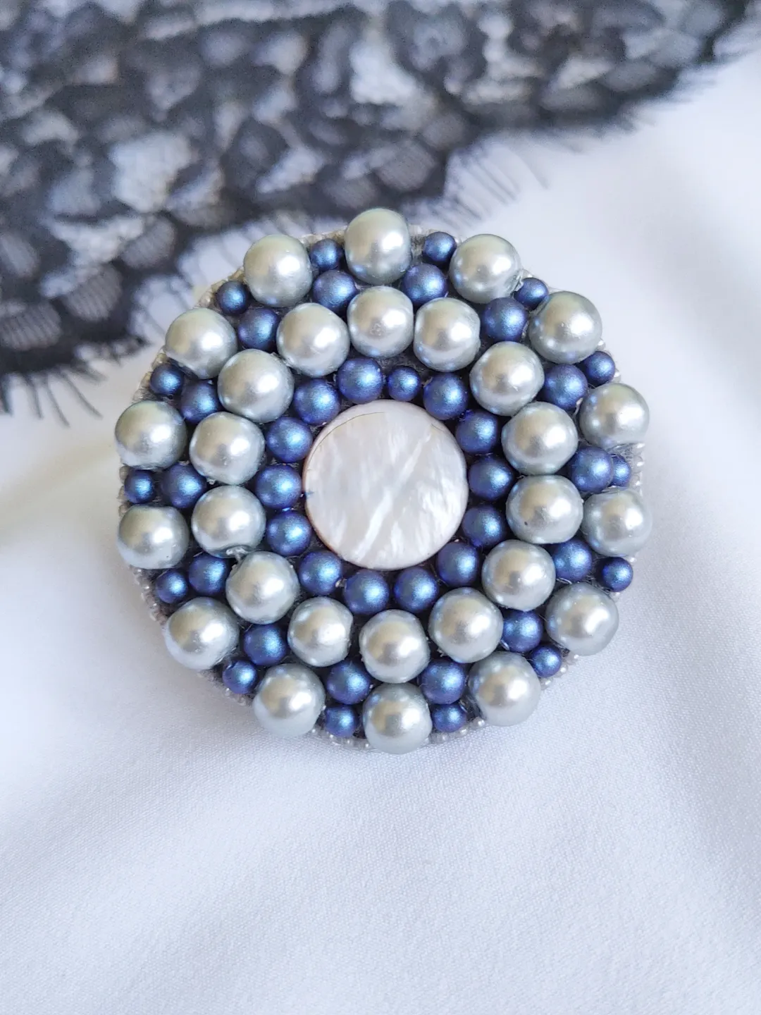 Beaded embroidered brooch Silver blue seed bead broach Handmade beaded brooch Classic brooch Women unique pin Pearl brooch
