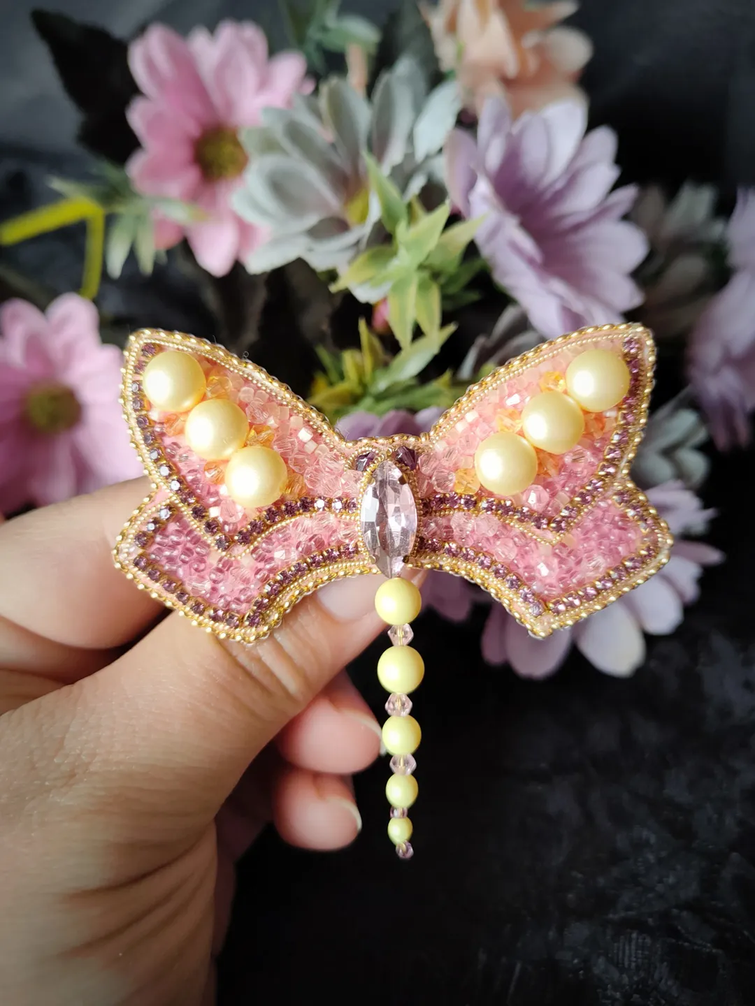 brooch dragonfly beaded, pink yellow insect flying broach, bright brooch pin
