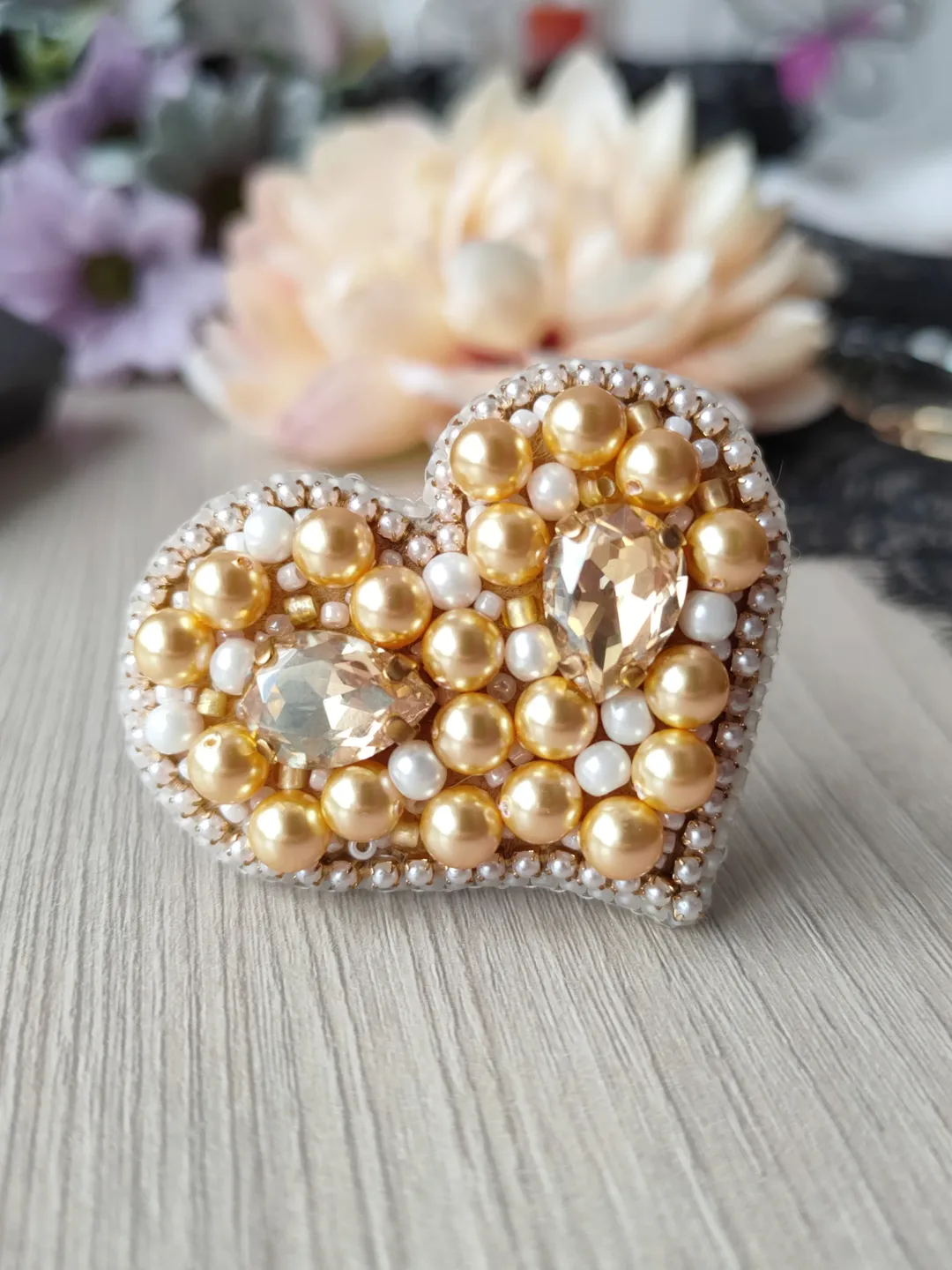 Gold crystal heart brooch, bead brooch for woman, embroider brooch, handmade brooch, gold heart pin