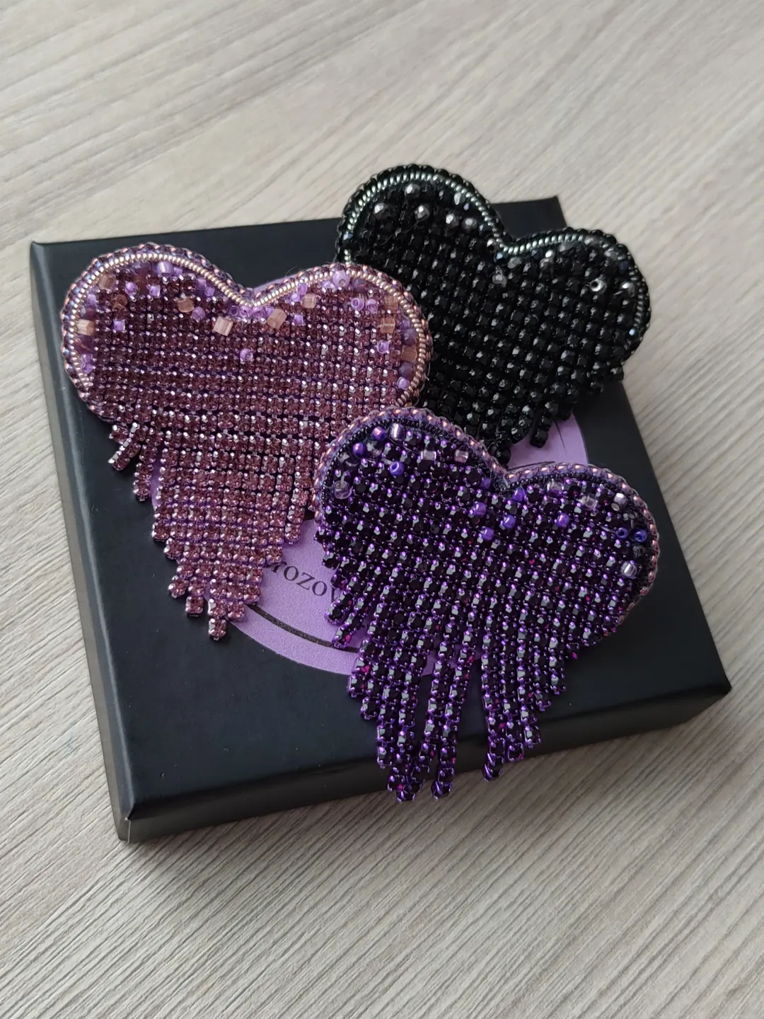 hand-embroidered heart brooch, beaded brooch pin, Rhinestone Crystal Broach, pink black blue purple violet brooch