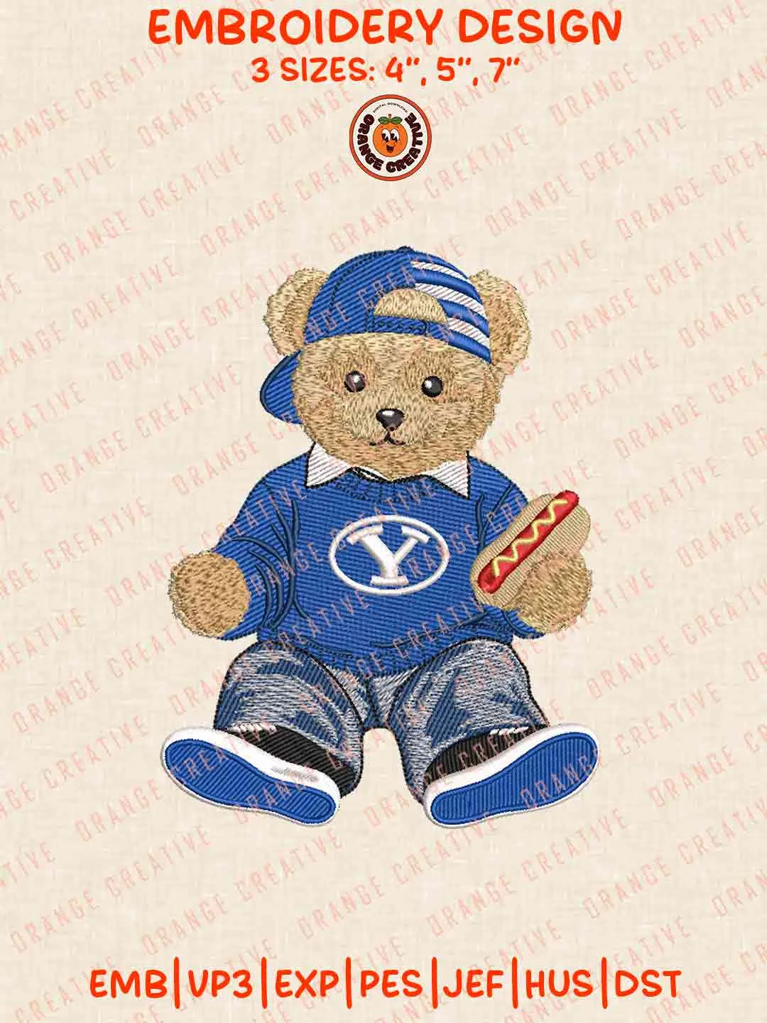BYU Cougar Teddy Bear Logo Embroidery Design, College Machine Embroidery Digitized Pes File, Football Designs, 3 Sizes, Custom Size, Instant Download