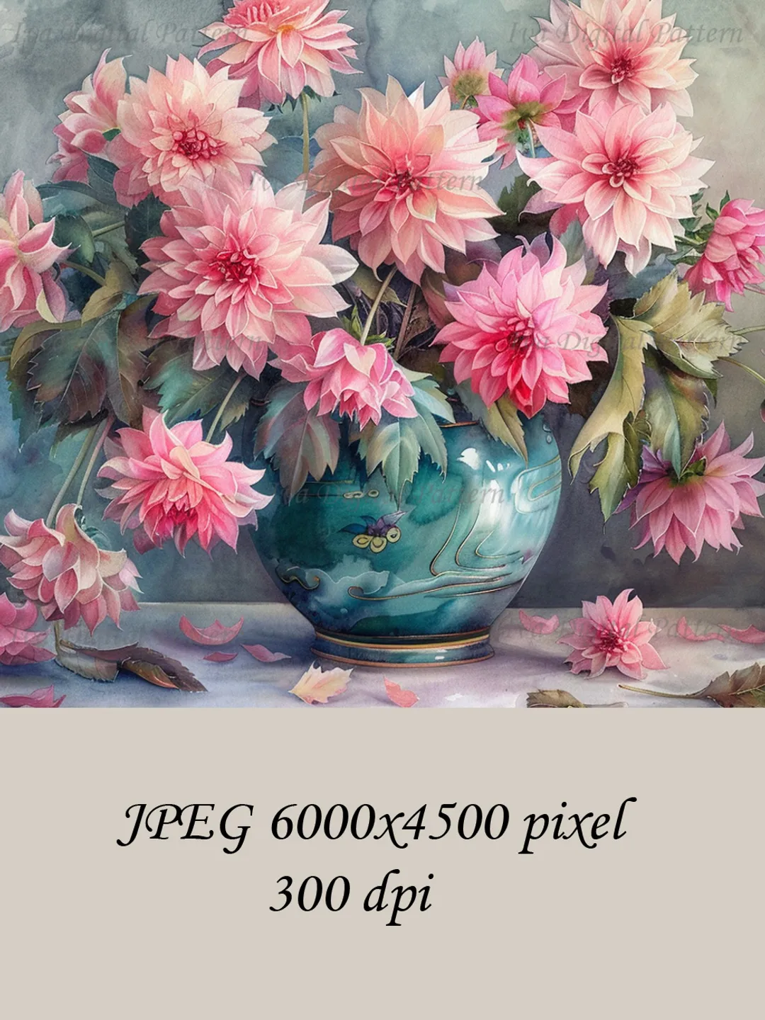 Bouquet of pink dahlias in a vase watercolor drawing, digital illustration, digital painting , wall art decoration. AI