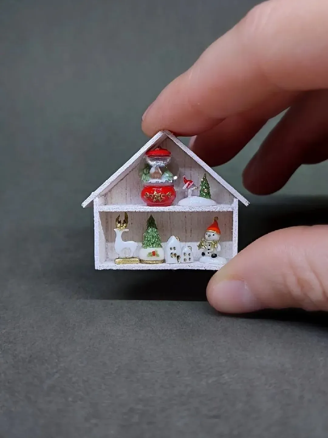 TO ORDER!Miniature Christmas House Shelf with Figurines and Snow Microstep for Doll Collection House 1:12, for the Box Room