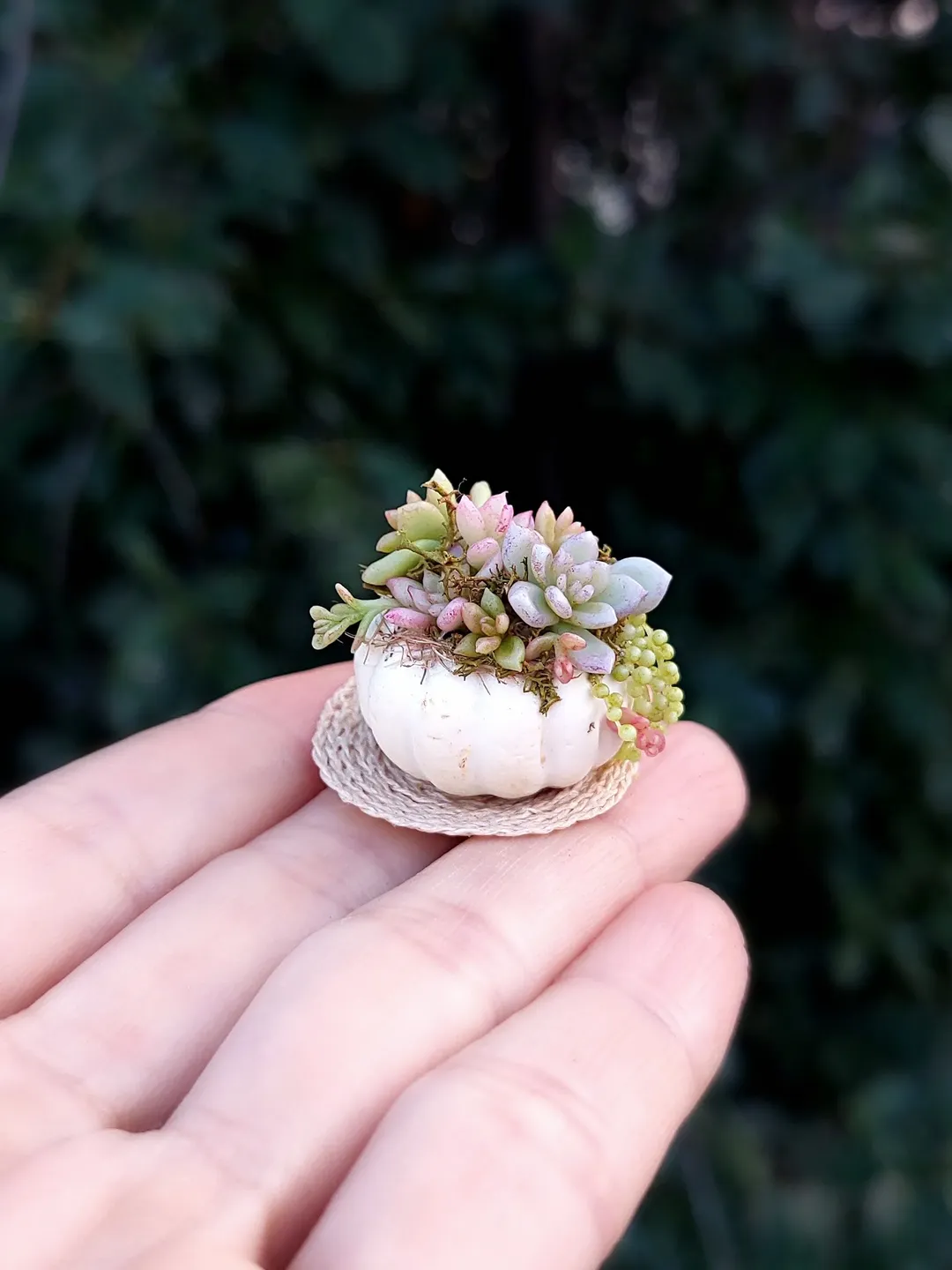 Miniature flower arrangement with succulents, Miniature Decorative pumpkin with succulents, Pumpkin 1:12 scale, Miniature plants dollhouse