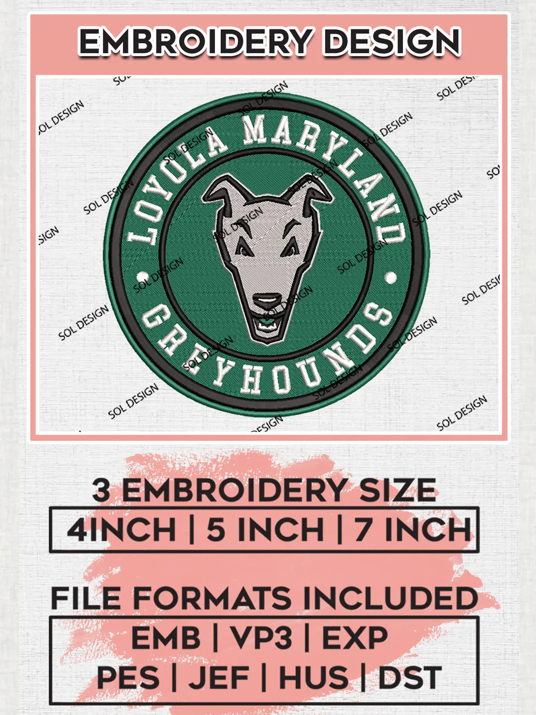 NCAA Loyola Maryland Greyhounds Round Logo Embroidery, NCAA Loyola Maryland Greyhounds Logo Embroidery files, NCAA Teams, Machine embroidery designs, Digital Download