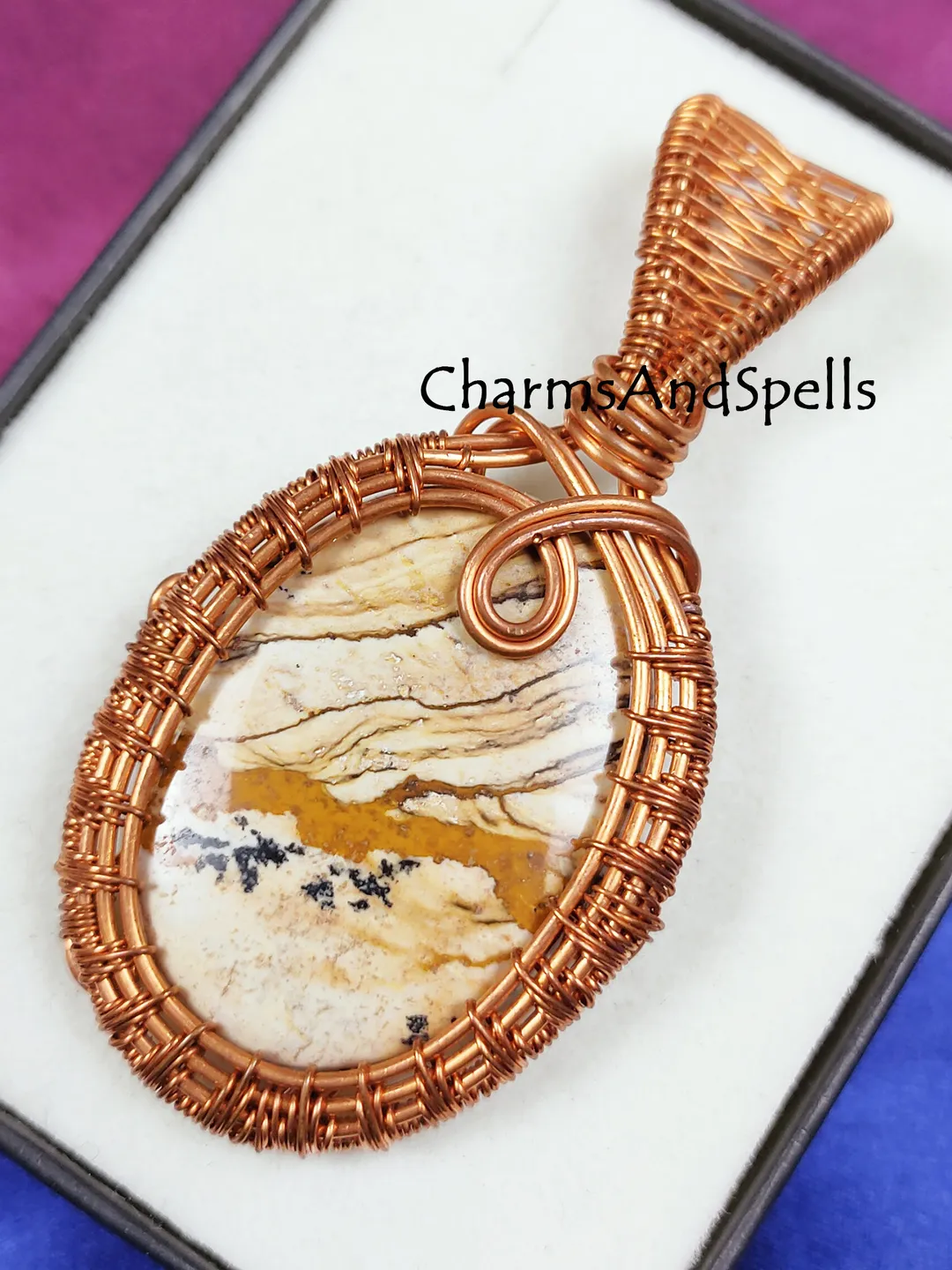 Picture Jasper Pendant, Copper Wire Wrapped Jewelry, Natural Gemstone Boho Healing Crystal Gift Handmade