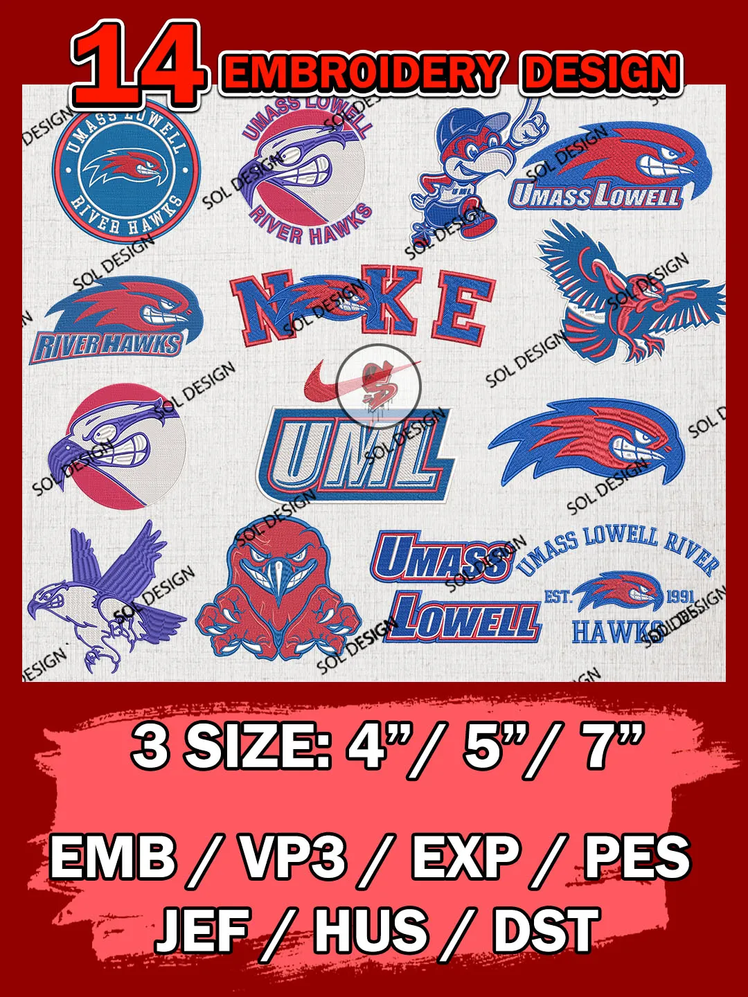 14 NCAA UMass Lowell River Hawks Bundle Embroidery Files, NCAA UMass Lowell River Hawks Team Bundle Embroidery Designs, NCAA Teams, National College Football Team 3 sizes, NCAA UMass Lowell Machine Embroidery, Digital Download