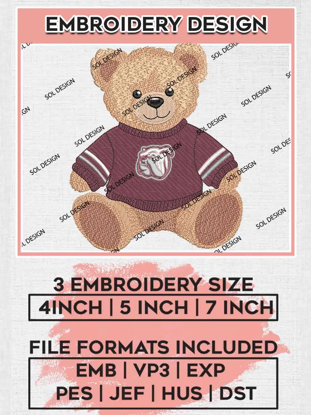 Mississippi State Bulldog Teddy Bear Embroidery Design, Football Embroidery files, Sport Machine embroidery files, 3 sizes, Instant Download