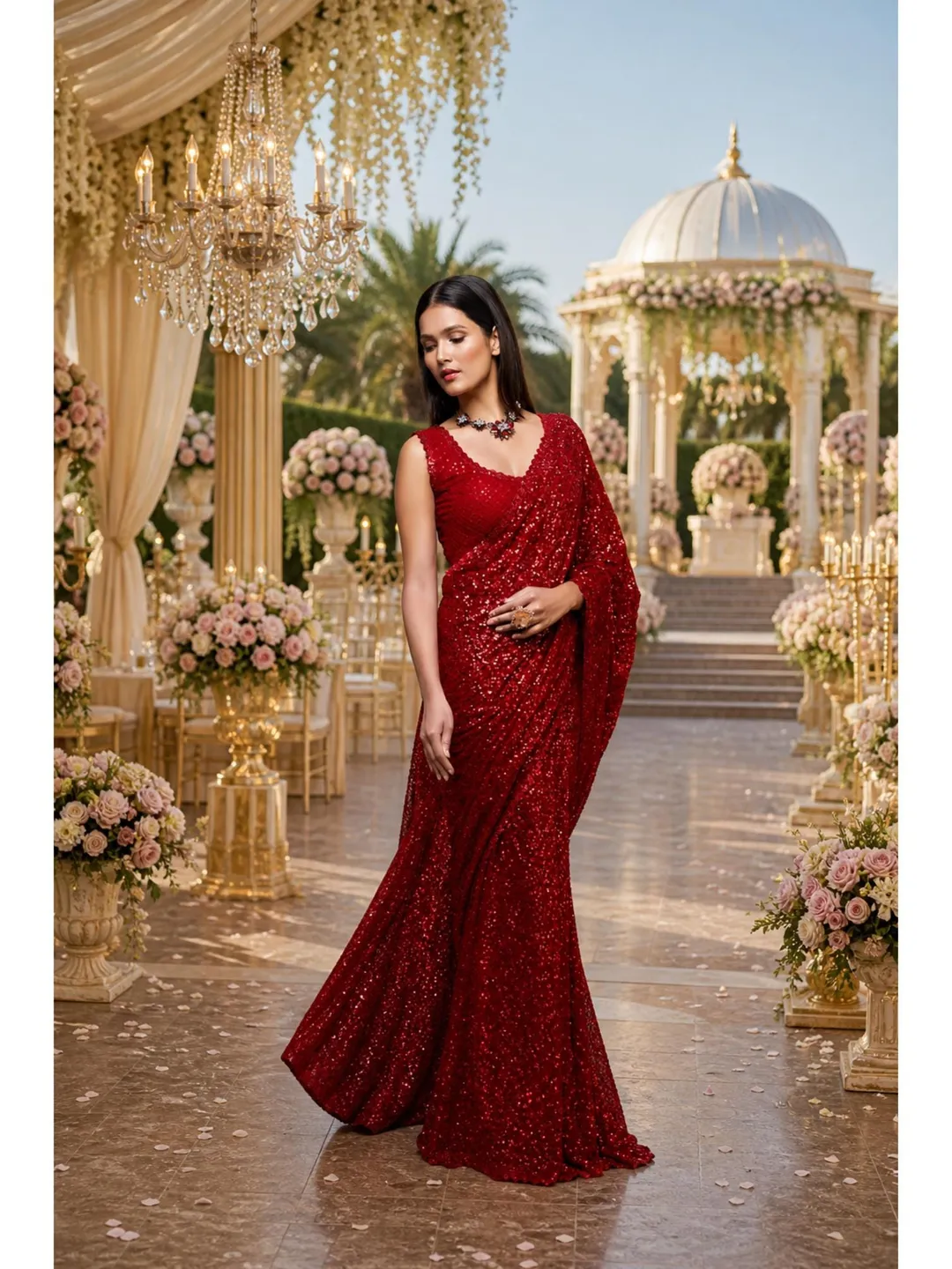 Red Sequin Ready To Wear Saree For Women: Indian Wedding Party Wear