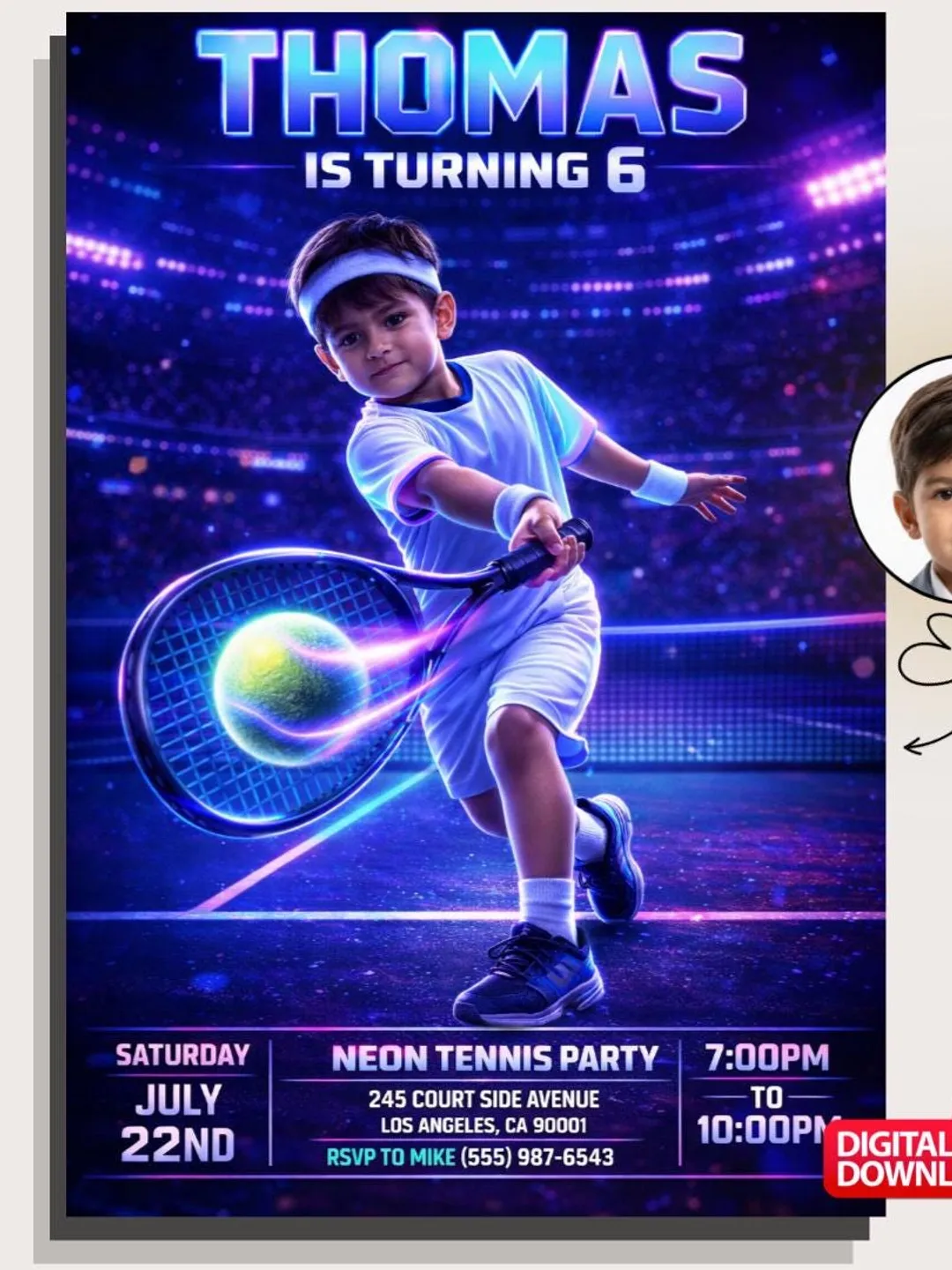 Neon Tennis Birthday Invitation, Custom Photo Sports Party Invite (Digital Download)