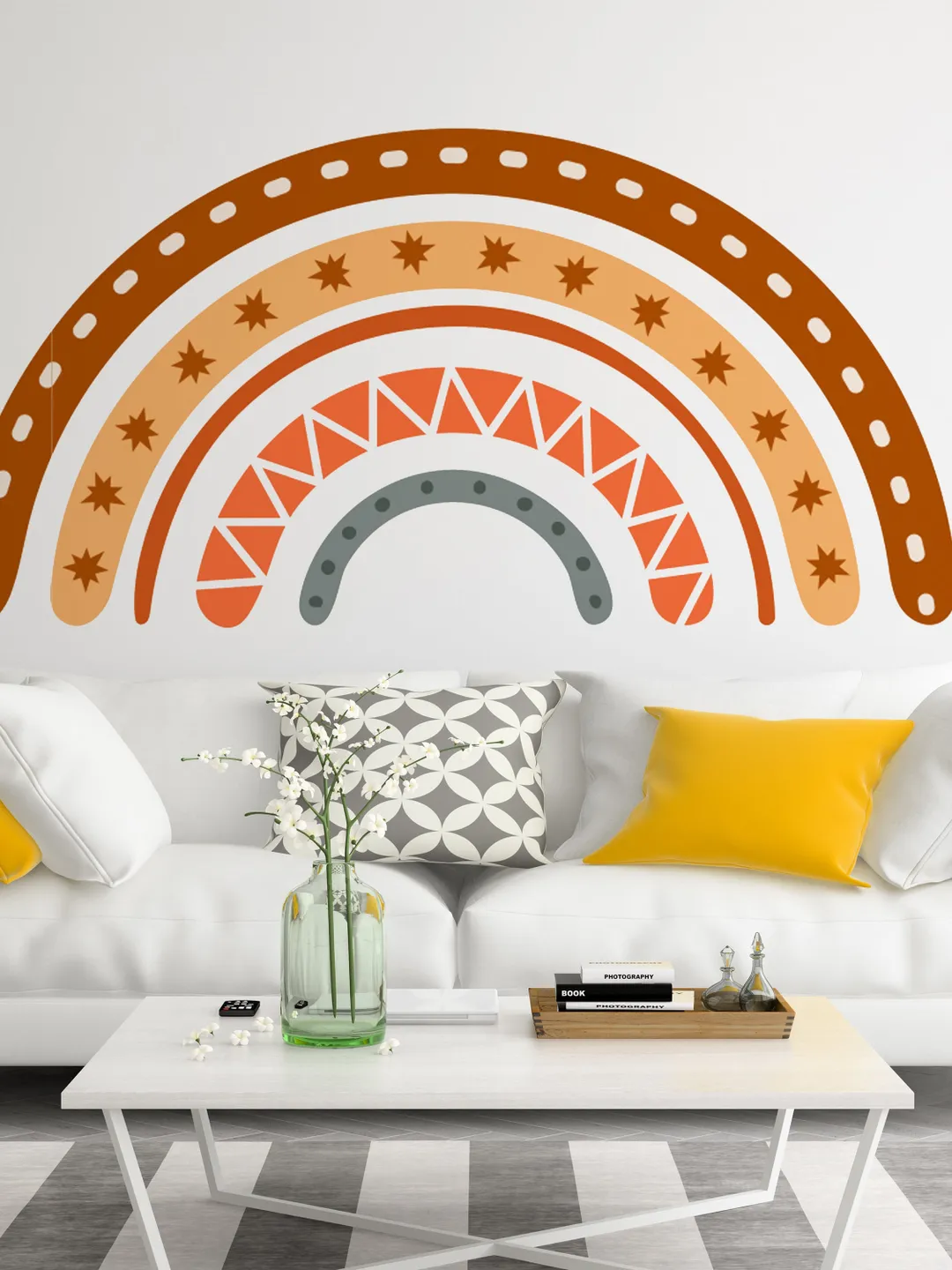 Boho Rainbow Wall Decal Decor - Bohemian Big Vinyl Wallpaper Sticker For Bedroom Or Nursery Kid Room - Large Pastel Art Girl Baby Mural