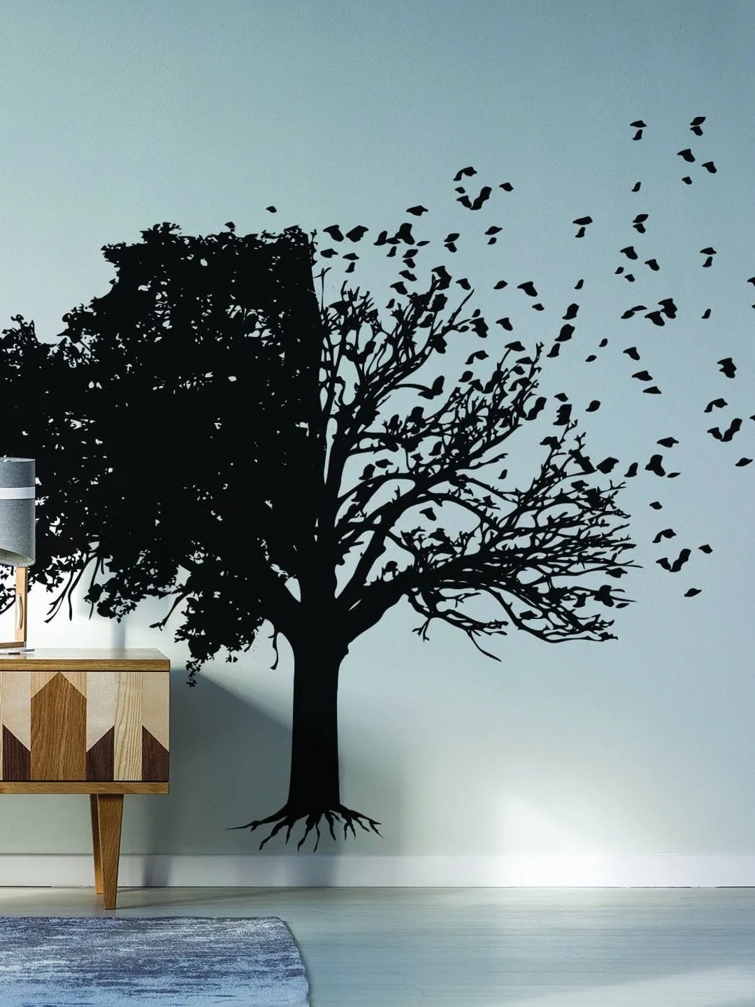 Tree Wall Decal Decor - Birds Leaf Branches Bedroom Living Room Decals - Large Art Stickers Sticker Vinyl - Black Bird Mural For Office